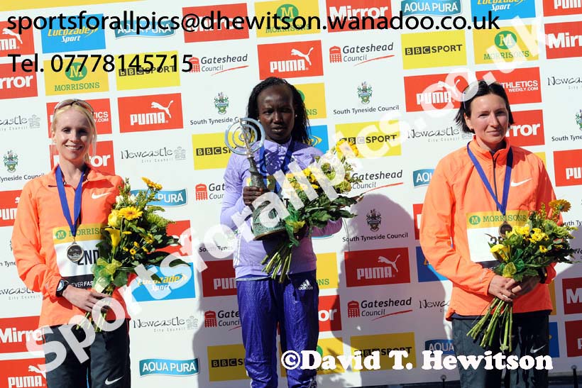 From left to right: Gemma Steel 2nd, Maray Keitany winner and Jelina Prokopcuka 3rd in the womens Morrisons Great North Run. Photo: David T. Hewitson/Sports for All Pics